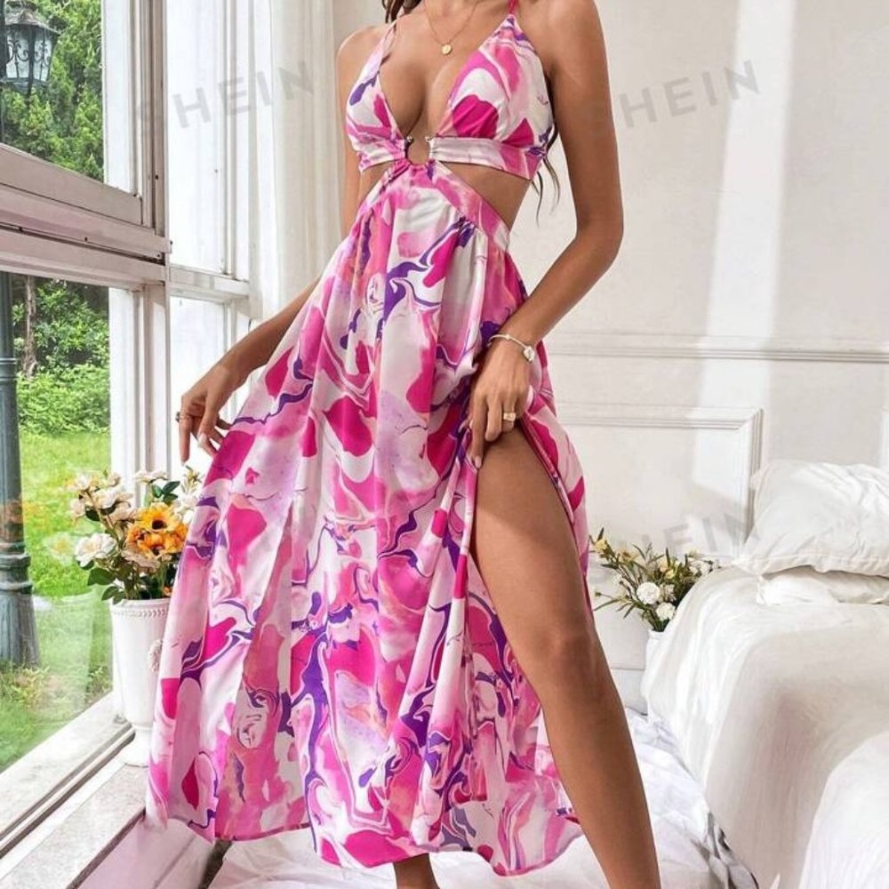 5/$25✨Shein Allover Pink Print Backless Cami Dress